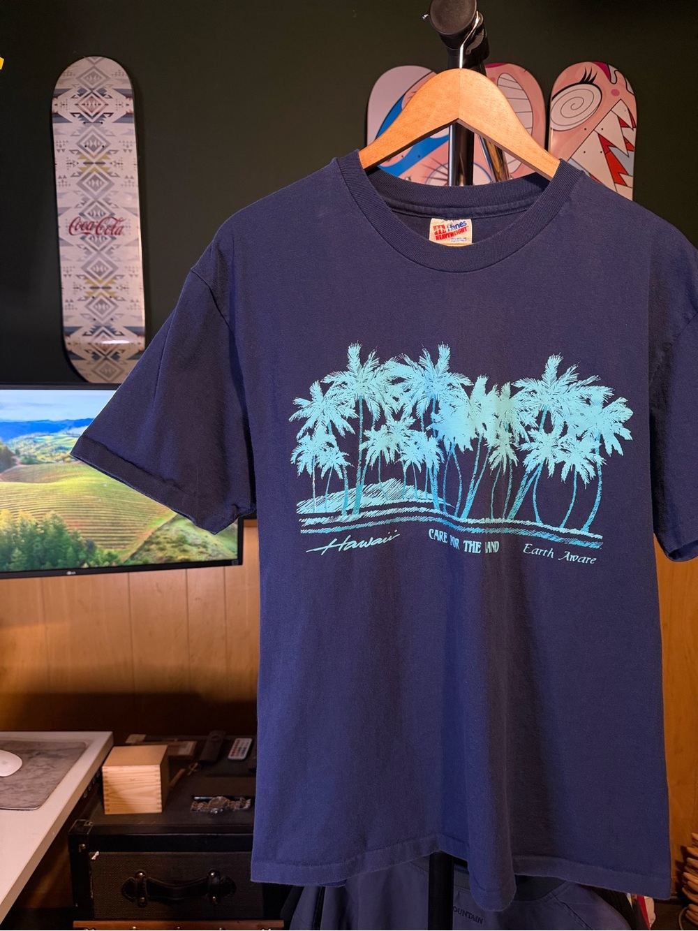 VTG Hawaii Care For The Land Earth Aware Palm Tree Navy Blue Teal Graphic Tee